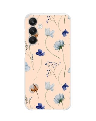 Etui do Samsung Galaxy A25 5G przeźroczyste, silikonowe Flexi, kwiatki niebieskie na pudrowym tle