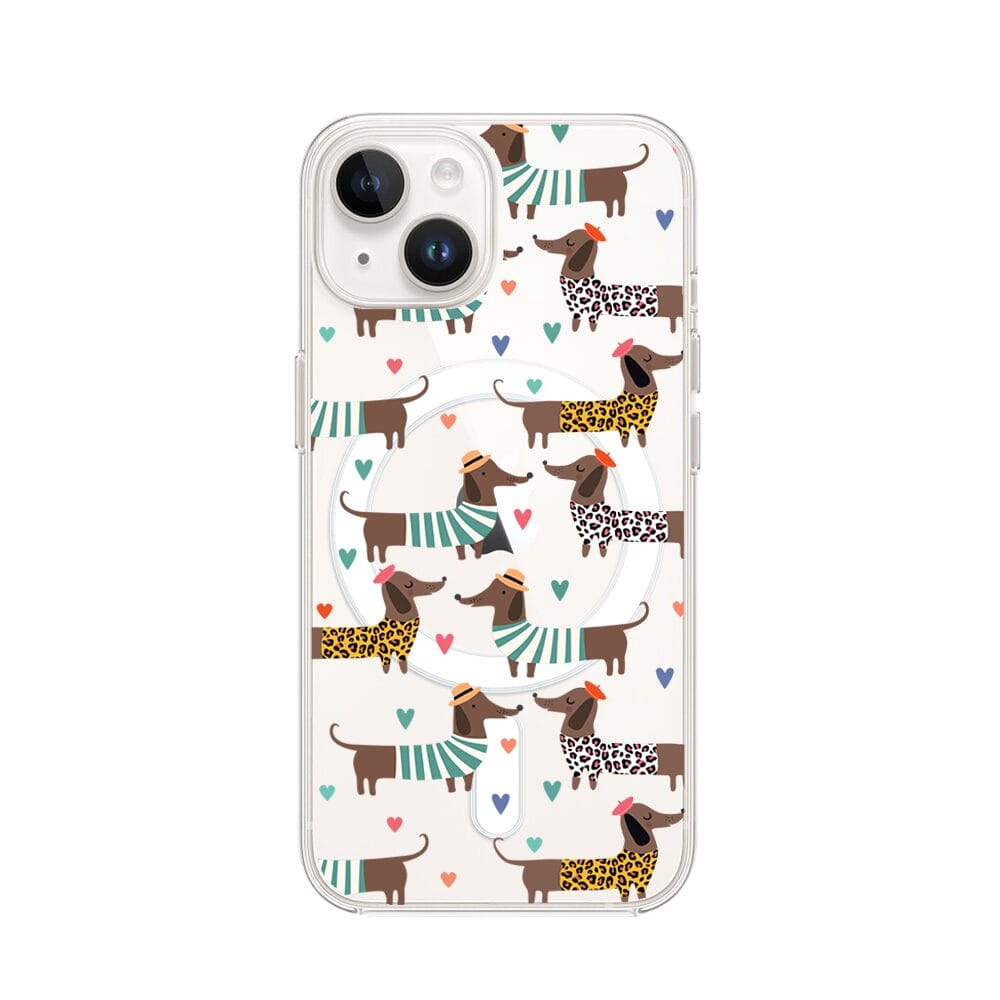 Etui do iPhone 13 Mini z MagSafe przeźroczyste, silikonowe Flexi, zakochane jamniki