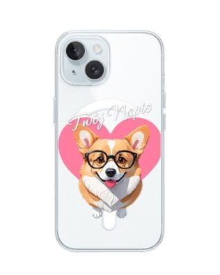 Etui do iPhone 15 Plus z MagSafe przeźroczyste, silikonowe Flexi, Puppy Love, pies rasy Corgi