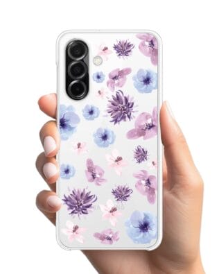Etui do Samsung Galaxy A26 5G przeźroczyste, silikonowe Flexi, kwiatki niebieskie, fioletowe