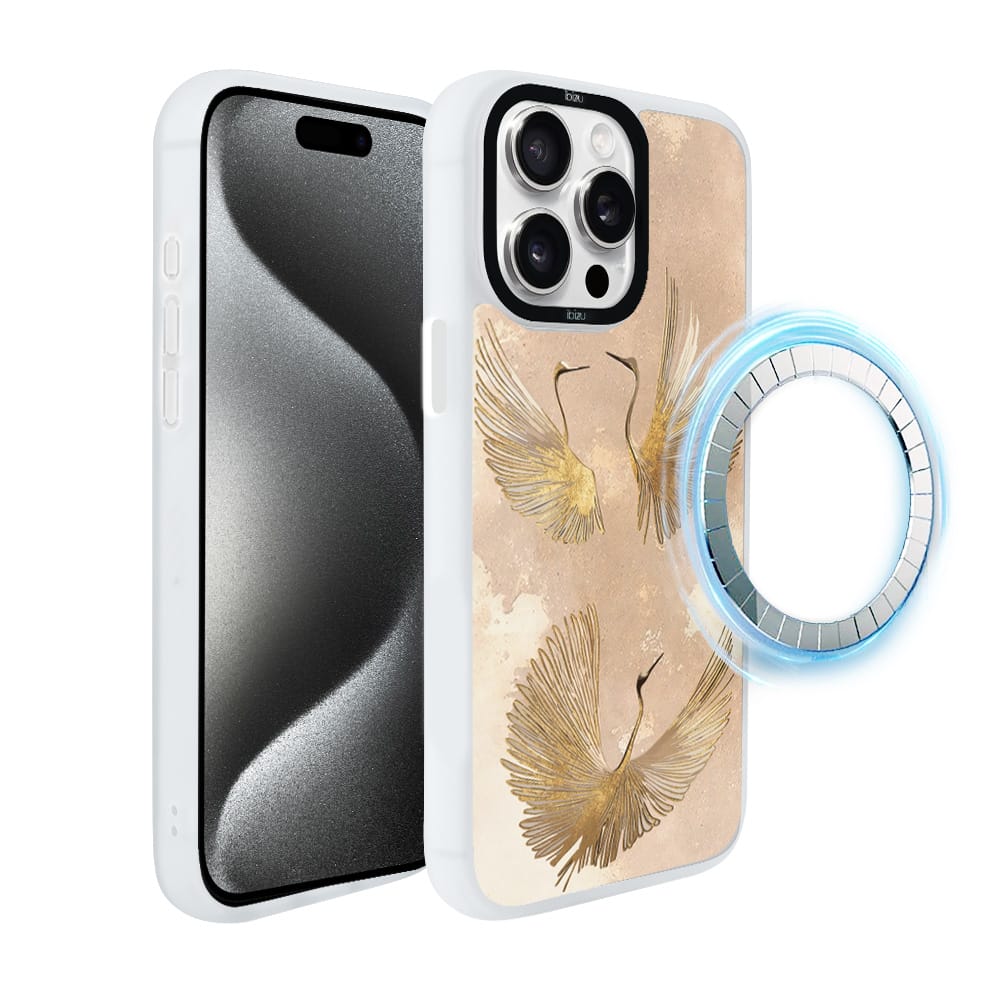 Etui do iPhone 15 Pro Max IBIZU DropGuard Matt z MagSafe, Boho, Złote żurawie