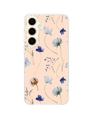 Etui do Samsung Galaxy S24 z MagSafe przeźroczyste, silikonowe Flexi, kwiatki niebieskie na pudrowym tle