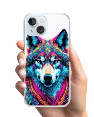 Etui do iPhone 15 Plus przeźroczyste, silikonowe Flexi, Dzika Mandala, Wilk