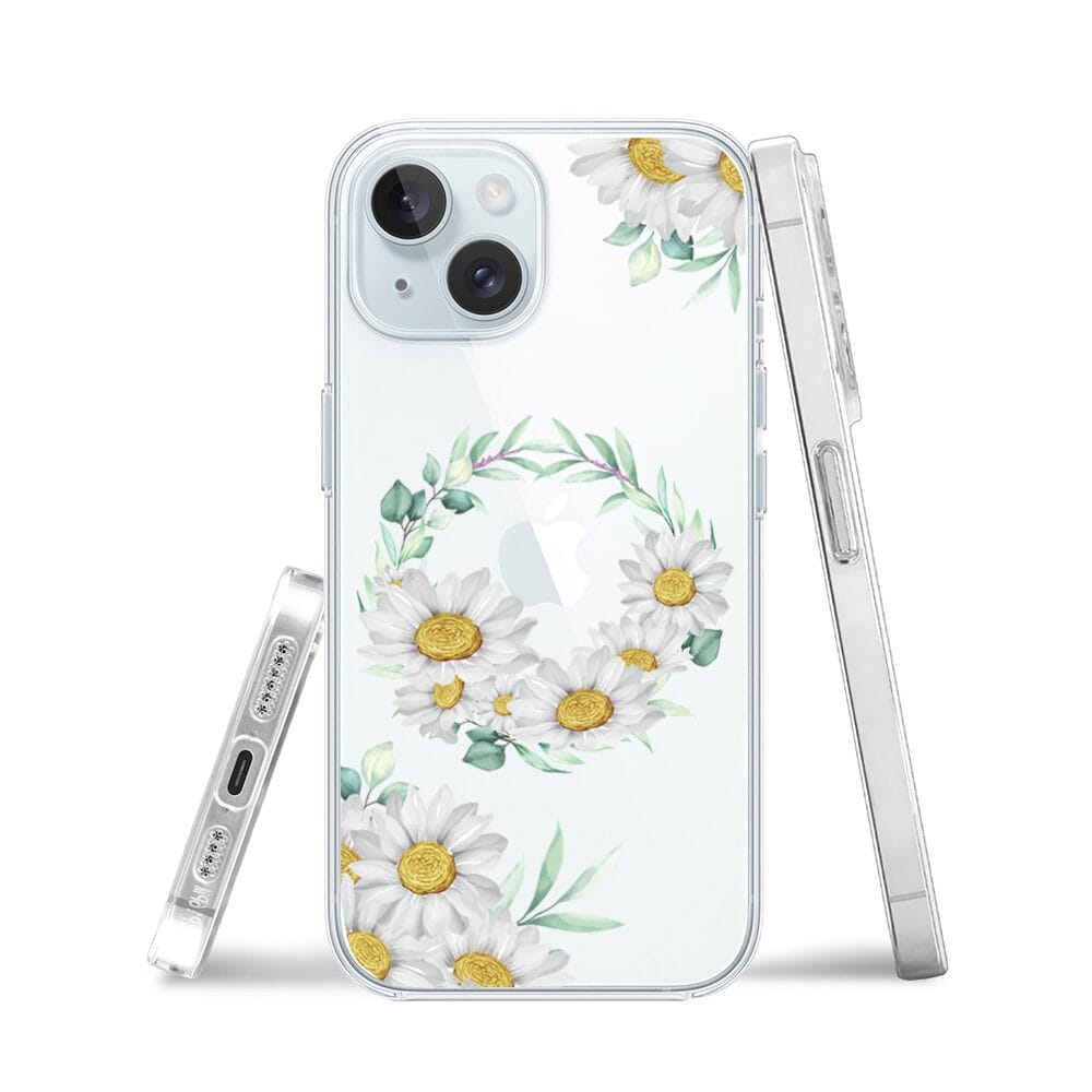 Etui do iPhone 15 przeźroczyste, silikonowe Flexi, wianek stokrotek - obrazek 3