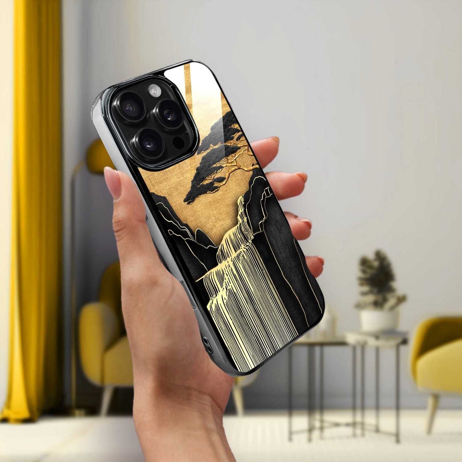 Etui do iPhone 16 Pro IBIZU Elite Glass z MagSafe Magia Azji, Złoty wodospad, czarne - obrazek 5