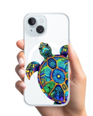 Etui do iPhone 15 z MagSafe przeźroczyste, silikonowe Flexi, Dzika Mandala, Żółw