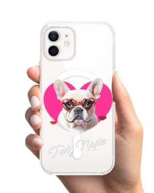 Etui do iPhone 12 z MagSafe przeźroczyste, silikonowe Flexi, Puppy Love, pies rasy Buldog Francuski