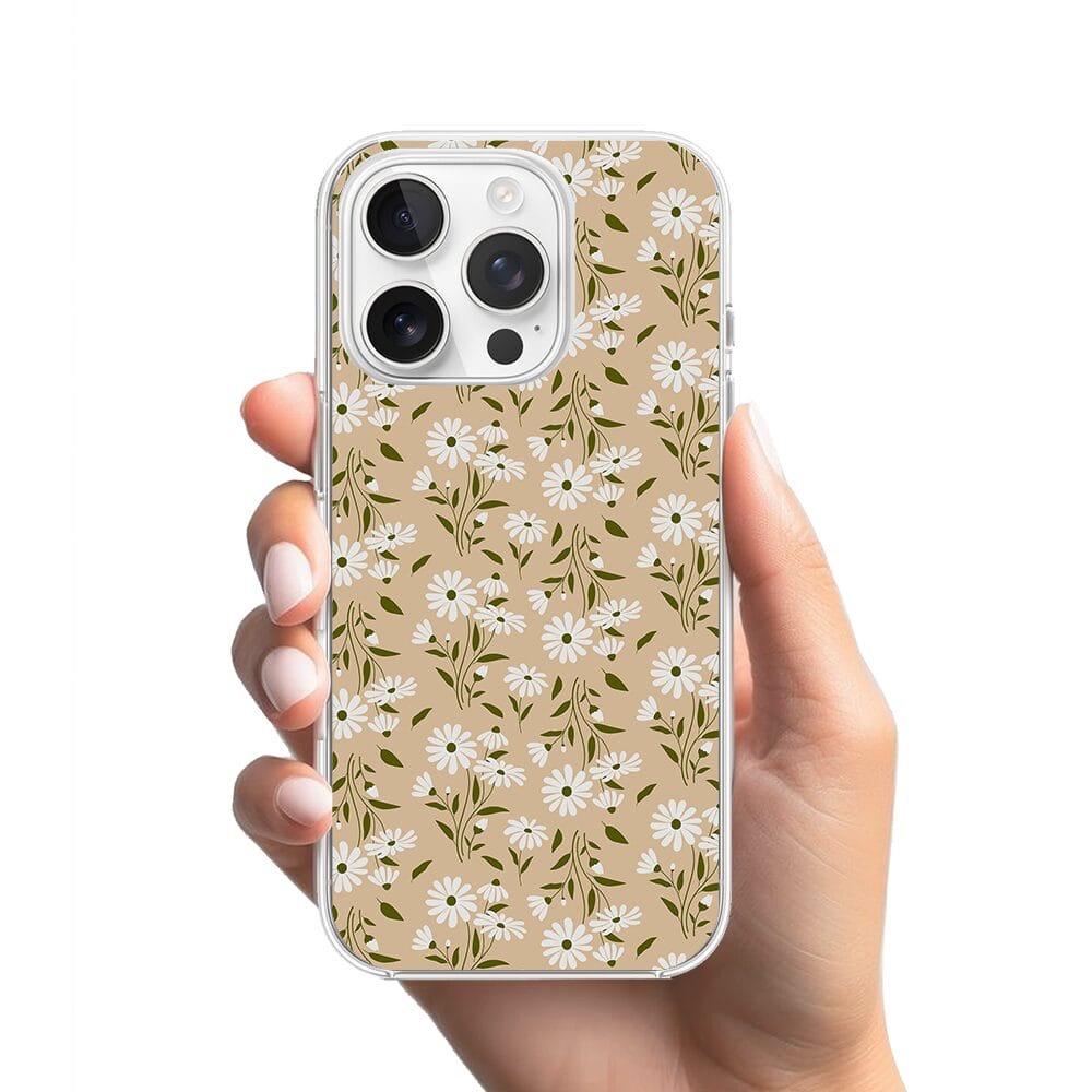 Etui do iPhone 13 Pro przeźroczyste, silikonowe Flexi, delikatne kwiatki na cielistym tle - obrazek 2