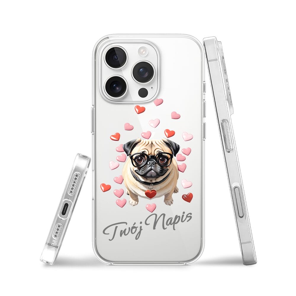 Etui do iPhone 16 Pro przeźroczyste, silikonowe Flexi, Puppy Love, pies rasy Mops - obrazek 3