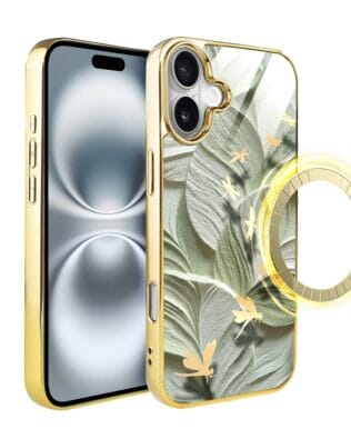 Etui do iPhone 16 IBIZU Elite Glass z MagSafe, Kwiaty, Taniec ważek, złote