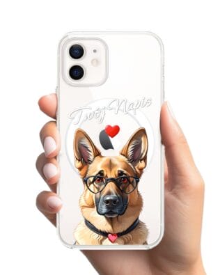Etui do iPhone 12 Mini z MagSafe przeźroczyste, silikonowe Flexi, Puppy Love, pies rasy Owczarek Niemiecki