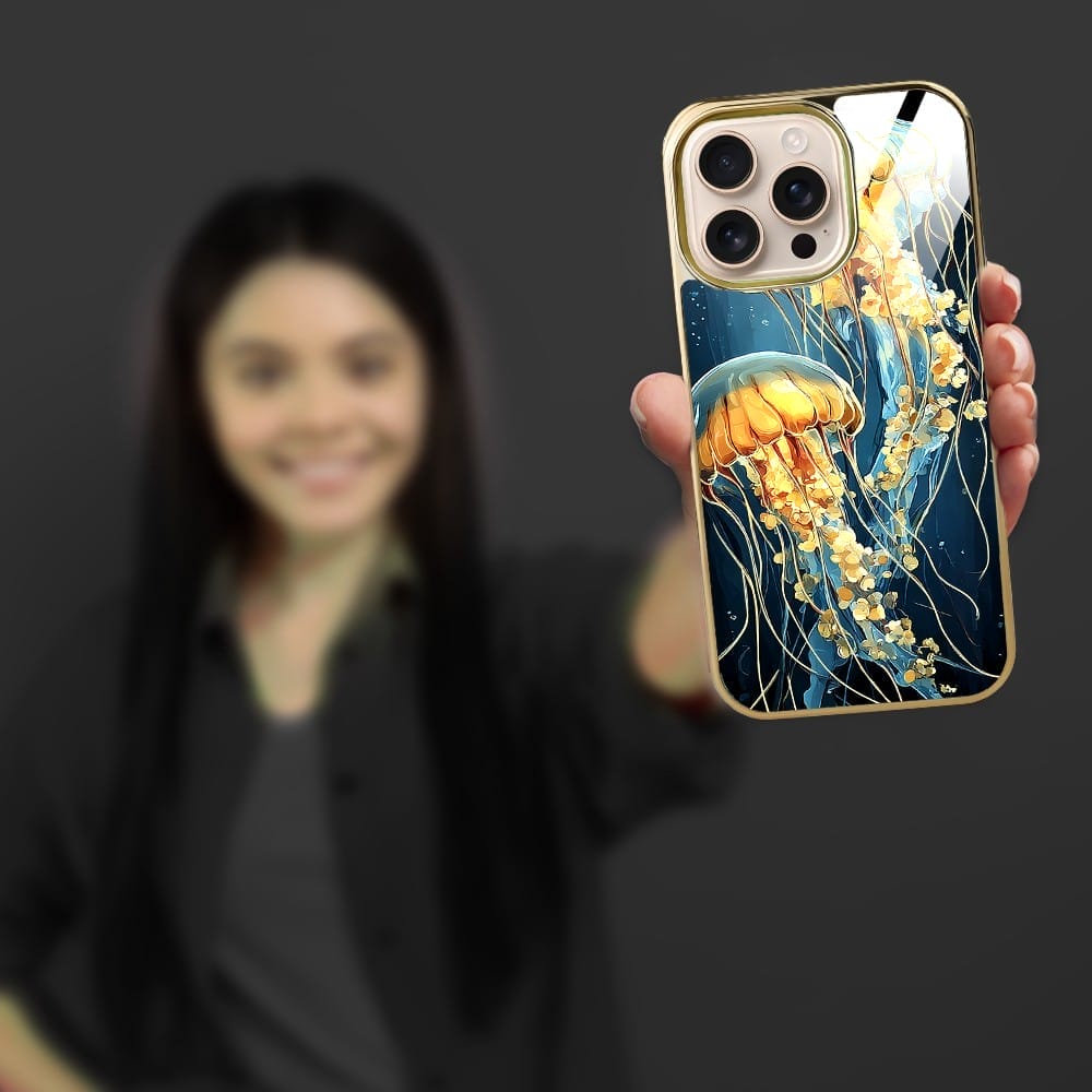 Etui do iPhone 16 Pro Max IBIZU Elite Glass z MagSafe Morze, Meduzy w głębinach, złote - obrazek 6