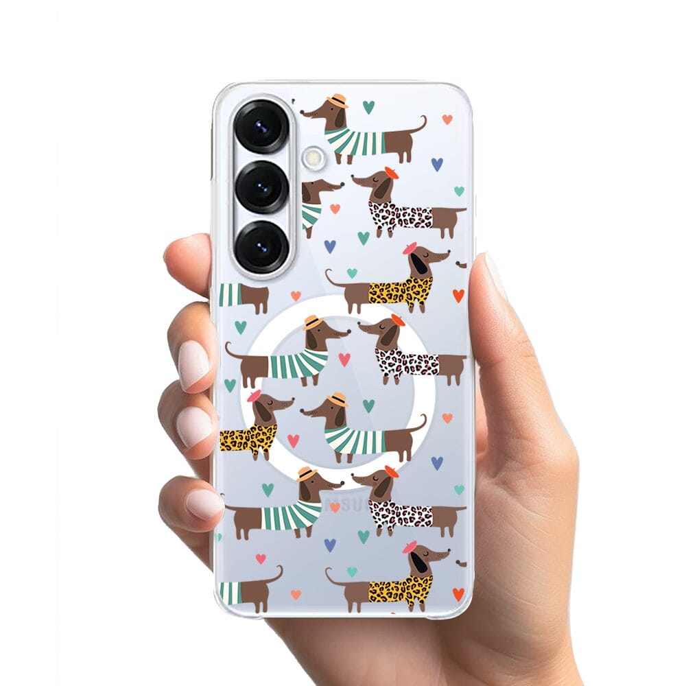 Etui do Samsung Galaxy S25 Plus z MagSafe przeźroczyste, silikonowe Flexi, zakochane jamniki - obrazek 2