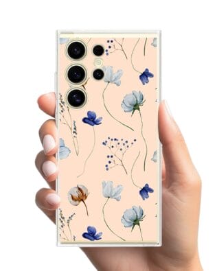 Etui do Samsung Galaxy S24 Ultra przeźroczyste, silikonowe Flexi, kwiatki niebieskie na pudrowym tle