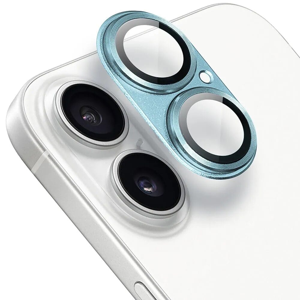 Metalowa osłona na cały aparat z wbudowanymi szkłami do iPhone 16, niebieska