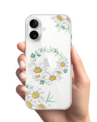 Etui do iPhone 16 Plus przeźroczyste, silikonowe Flexi, wianek stokrotek