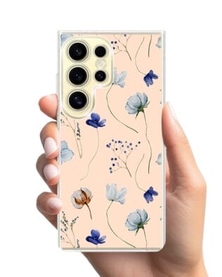 Etui do Samsung Galaxy S24 Ultra z MagSafe przeźroczyste, silikonowe Flexi, kwiatki niebieskie na pudrowym tle