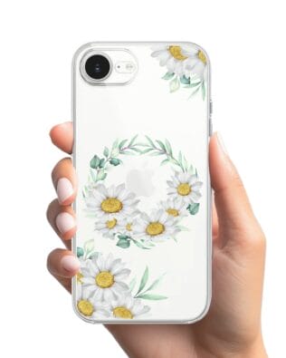 Etui do iPhone 16e przeźroczyste, silikonowe Flexi, wianek stokrotek