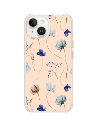 Etui do iPhone 14 Plus przeźroczyste, silikonowe Flexi, kwiatki niebieskie na pudrowym tle