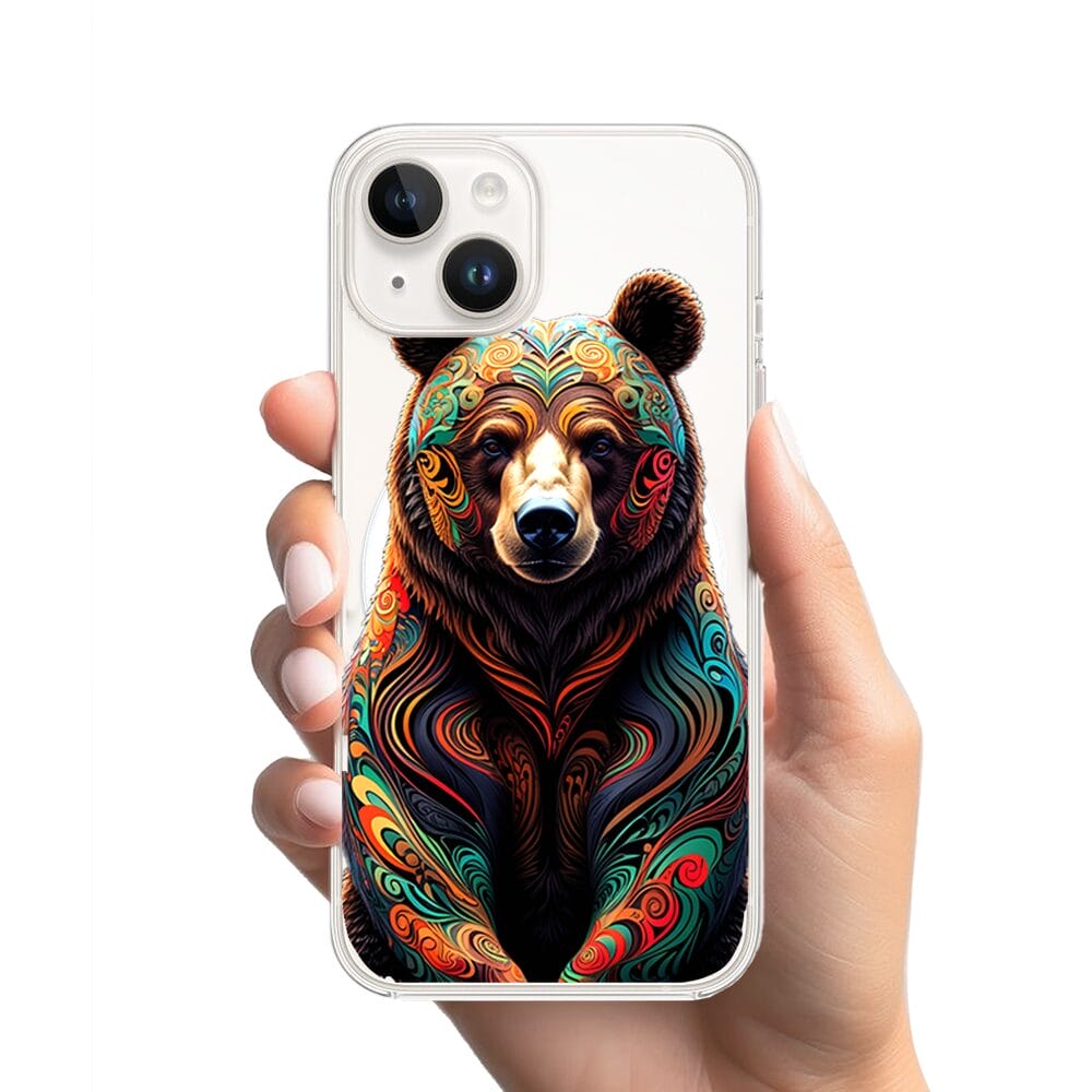 Etui do iPhone 13 Mini z MagSafe przeźroczyste, silikonowe Flexi, Dzika Mandala, Niedźwiedź - obrazek 2
