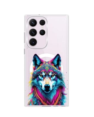 Etui do Samsung Galaxy S23 Ultra z MagSafe przeźroczyste, silikonowe Flexi, Dzika Mandala, Wilk