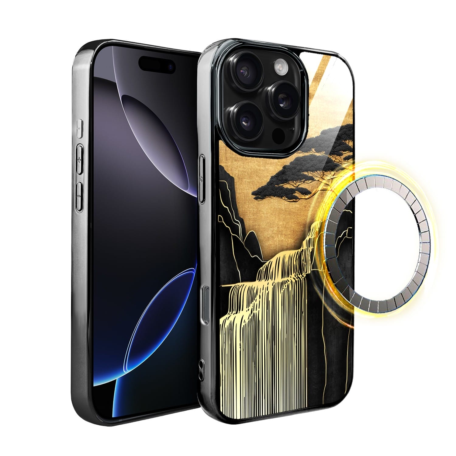 Etui do iPhone 16 Pro IBIZU Elite Glass z MagSafe Magia Azji, Złoty wodospad, czarne