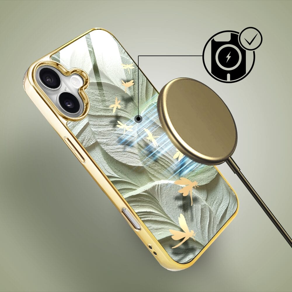 Etui do iPhone 16 IBIZU Elite Glass z MagSafe, Kwiaty, Taniec ważek, złote - obrazek 7