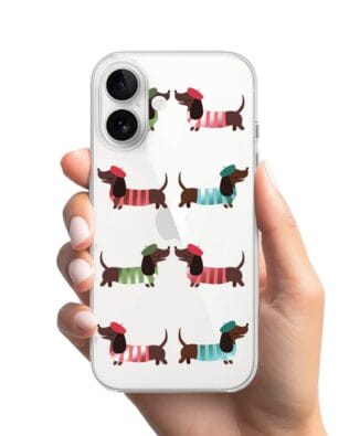 Etui do iPhone 16 przeźroczyste, silikonowe Flexi, jamnik w Paryżu