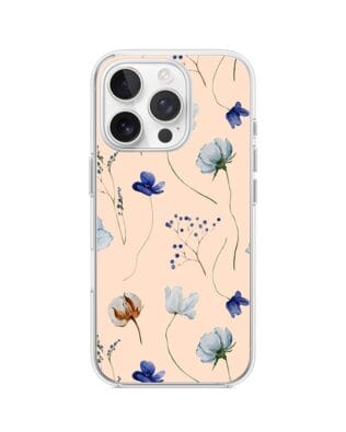 Etui do iPhone 15 Pro Max przeźroczyste, silikonowe Flexi, kwiatki niebieskie na pudrowym tle