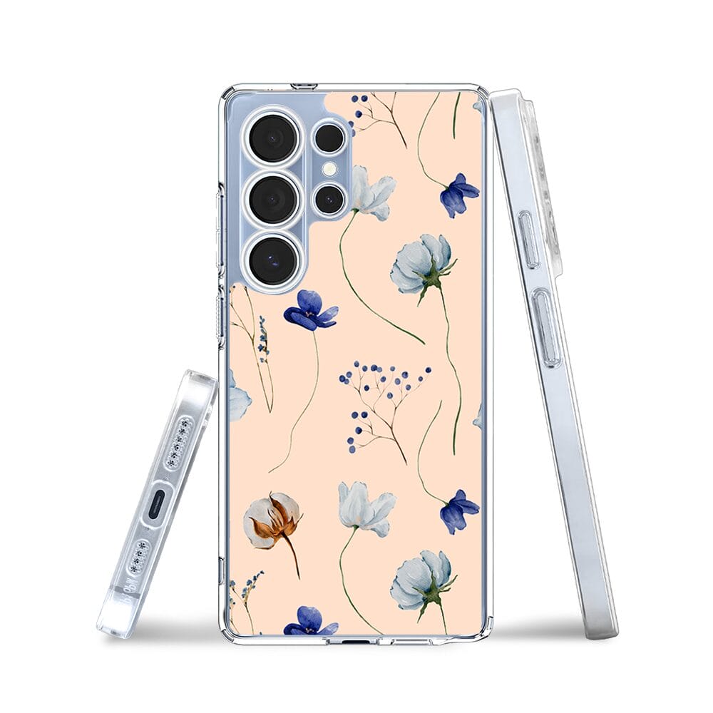 Etui do Samsung Galaxy S25 Ultra przeźroczyste, silikonowe Flexi, kwiatki niebieskie na pudrowym tle - obrazek 3