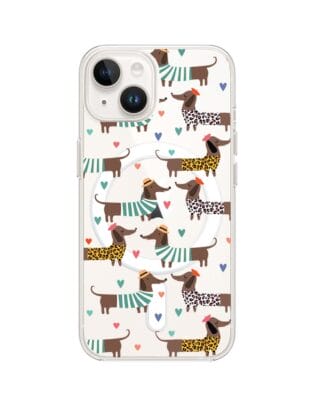 Etui do iPhone 14 z MagSafe przeźroczyste, silikonowe Flexi, zakochane jamniki