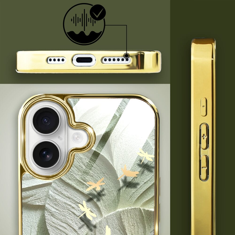 Etui do iPhone 16 IBIZU Elite Glass z MagSafe, Kwiaty, Taniec ważek, złote - obrazek 4