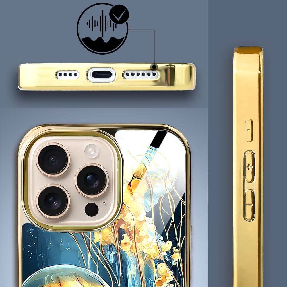 Etui do iPhone 16 Pro Max IBIZU Elite Glass z MagSafe Morze, Meduzy w głębinach, złote - obrazek 4