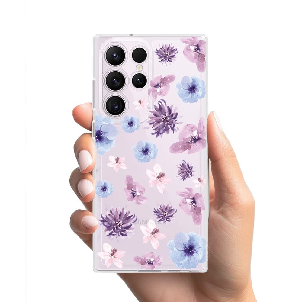 Etui do Samsung Galaxy S23 Ultra przeźroczyste, silikonowe Flexi, kwiatki niebieskie, fioletowe - obrazek 2