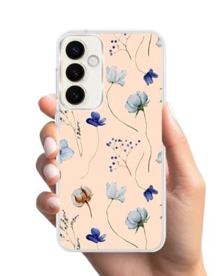 Etui do Samsung Galaxy S23 Plus z MagSafe przeźroczyste, silikonowe Flexi, kwiatki niebieskie na pudrowym tle