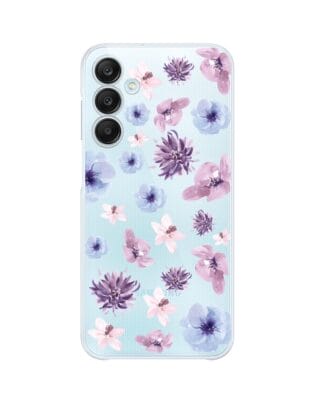 Etui do Samsung Galaxy M35 5G przeźroczyste, silikonowe Flexi, kwiatki niebieskie, fioletowe