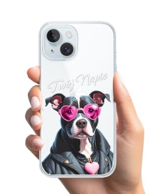 Etui do iPhone 15 przeźroczyste, silikonowe Flexi, Puppy Love, pies rasy Amstaff