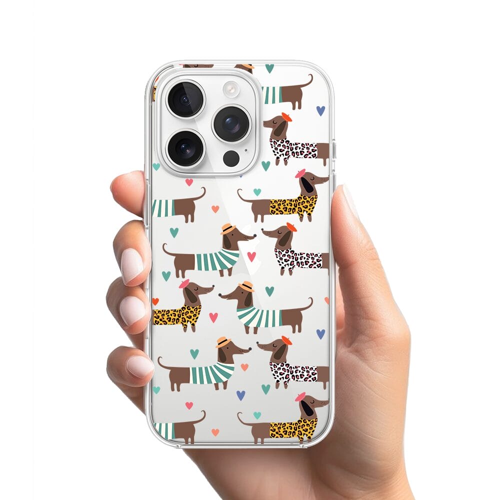 Etui do iPhone 16 Pro przeźroczyste, silikonowe Flexi, zakochane jamniki - obrazek 2