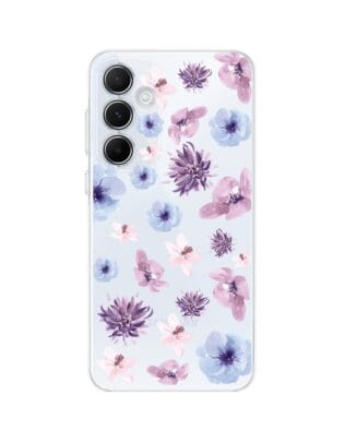Etui do Samsung Galaxy A35 5G przeźroczyste, silikonowe Flexi, kwiatki niebieskie, fioletowe