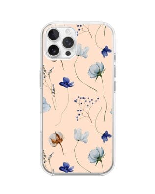 Etui do iPhone 12 Pro z MagSafe przeźroczyste, silikonowe Flexi, kwiatki niebieskie na pudrowym tle