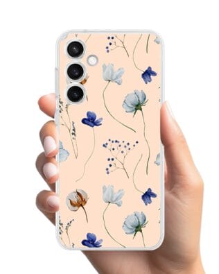 Etui do Samsung Galaxy S23 przeźroczyste, silikonowe Flexi, kwiatki niebieskie na pudrowym tle