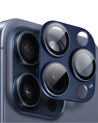 Metalowa osłona na cały aparat z wbudowanymi szkłami do iPhone 15 Pro Max, tytan błękitny