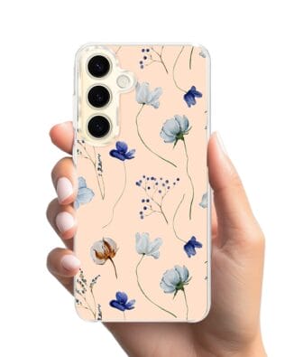 Etui do Samsung Galaxy S24 z MagSafe przeźroczyste, silikonowe Flexi, kwiatki niebieskie na pudrowym tle