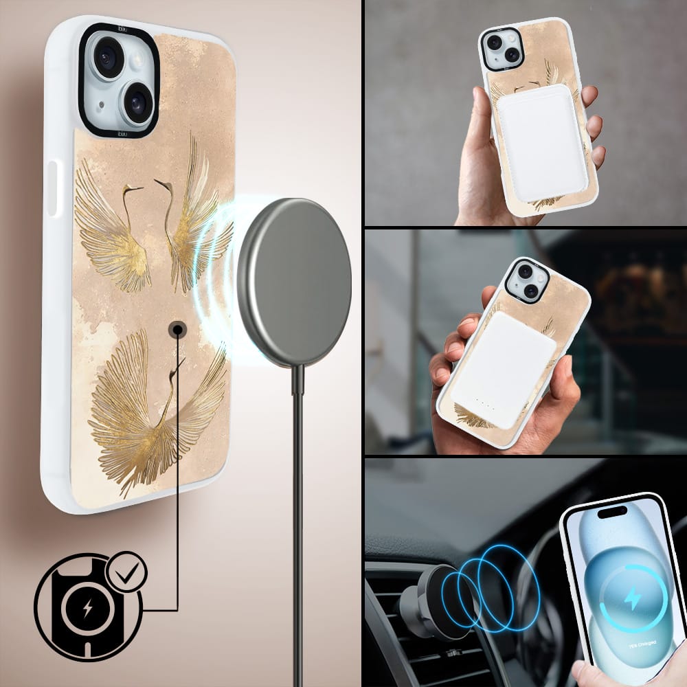 Etui do iPhone 15 IBIZU DropGuard Matt z MagSafe, Boho, Złote żurawie - obrazek 8