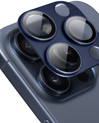 Metalowa osłona na cały aparat z wbudowanymi szkłami do iPhone 15 Pro Max, tytan błękitny