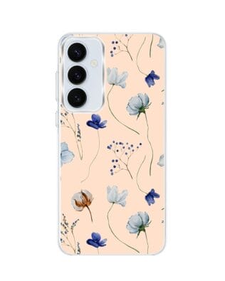 Etui do Samsung Galaxy A35 5G z MagSafe przeźroczyste, silikonowe Flexi, kwiatki niebieskie na pudrowym tle