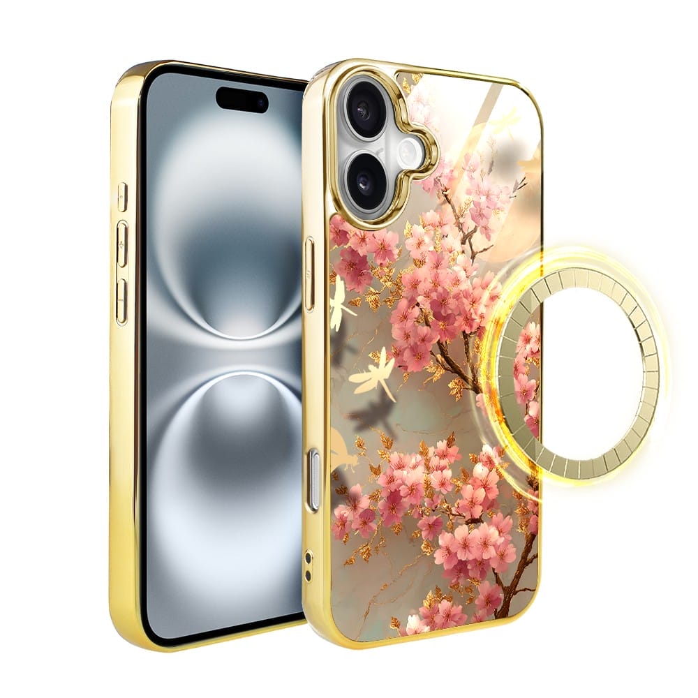 Etui do iPhone 16 IBIZU Elite Glass z MagSafe Magia Azji, Taniec sakury, złote