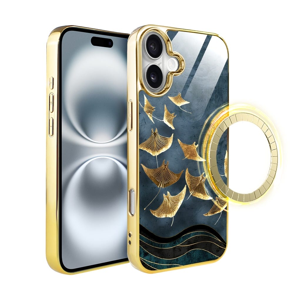 Etui do iPhone 16 Plus IBIZU Elite Glass z MagSafe Magia Azji, Morze, Lot płaszczek, złote