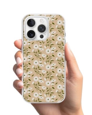 Etui do iPhone 15 Pro przeźroczyste, silikonowe Flexi, delikatne kwiatki na cielistym tle