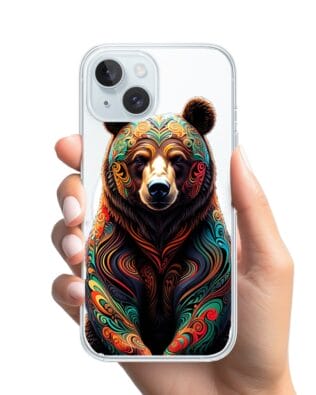 Etui do iPhone 15 Plus z MagSafe przeźroczyste, silikonowe Flexi, Dzika Mandala, Niedźwiedź